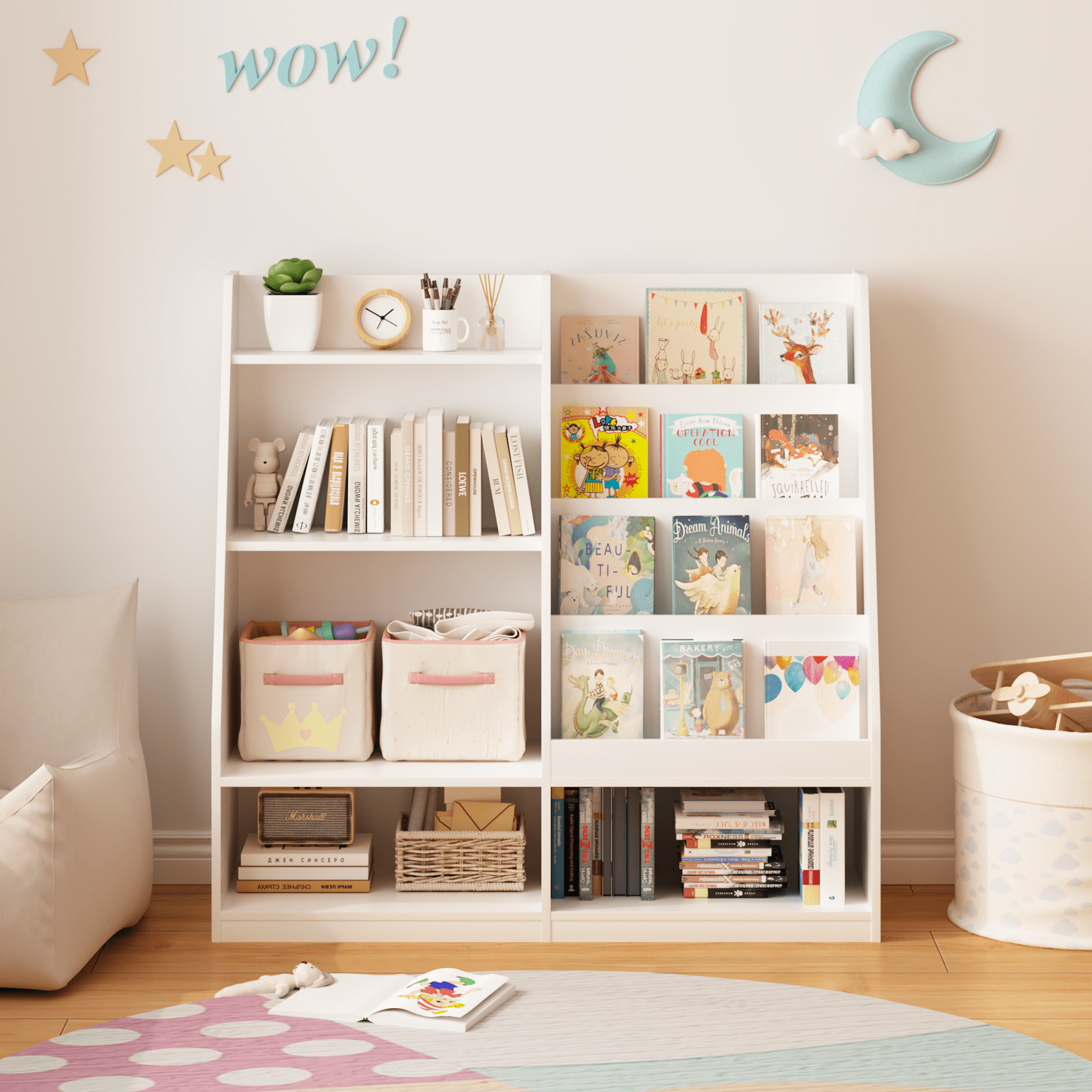 Kids Bookshelf and Toy Storage Organizer, Multifunctional 4 Tier Wooden Kids Book Shelf with Bookcase Display Stand in Kids Room Playroom Nursery for Kids, Children, Toddlers (White)