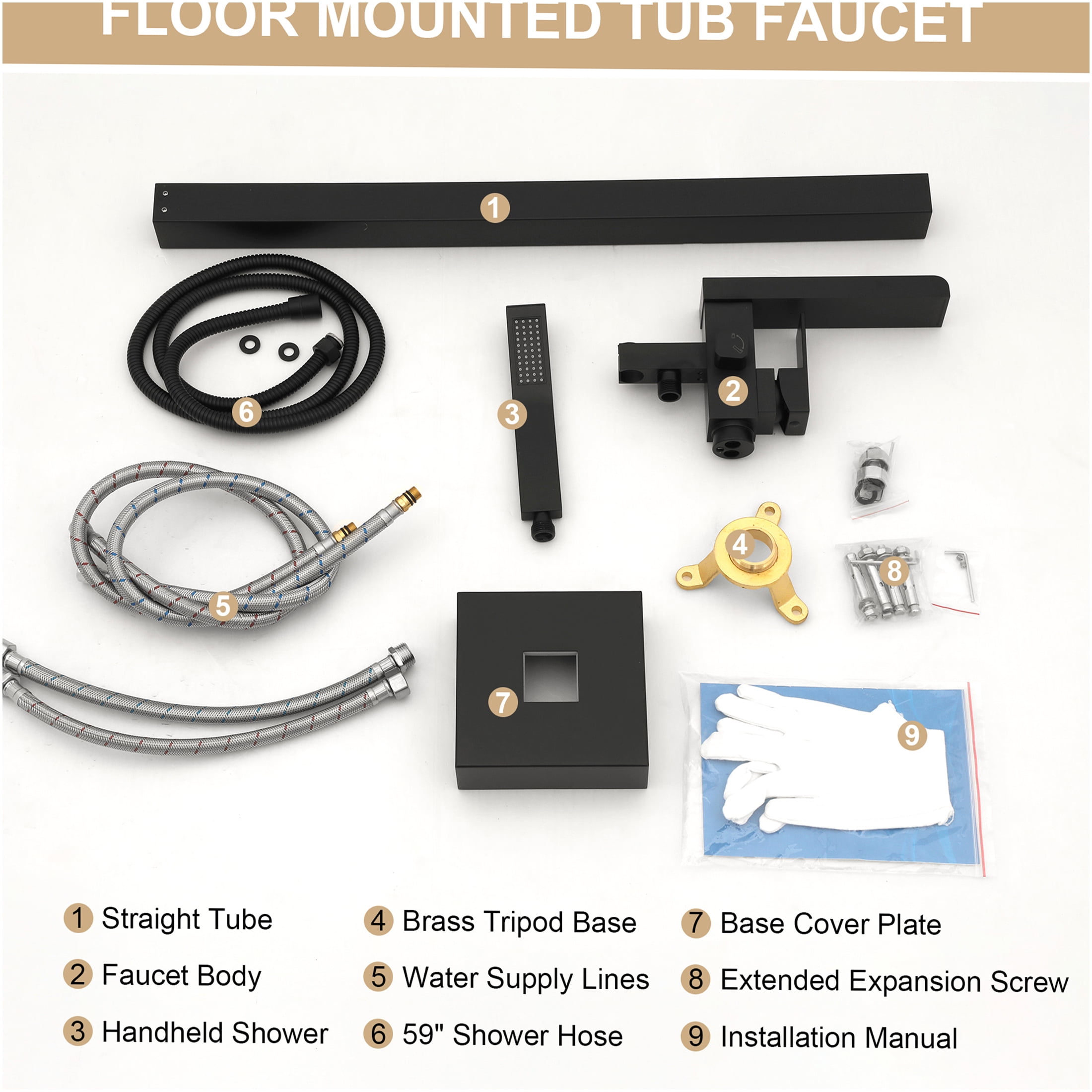 JERFIT Floor Mounted Tub Filler with Hand Shower, 360° Rotatable Matte Black Waterfall Spout, Solid Brass Freestanding Bathtub Faucet for Modern Bathroom