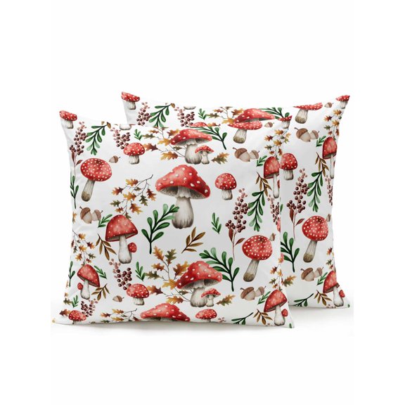 Outdoor Pillows Waterproof, Red Mushrooms Bedding Throw Pillows with Insert for Couch Sofa Bed, Maple Leaves Plants Country Botanical 16x16 Inch Pillowcases Decorative Camping Patio Pillow Set of 2