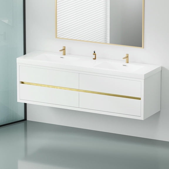 Spaco 72" Wall-Mounted Bathroom Vanity with Double Sinks, Floating Bathroom Storage Cabinet with Stone Resin Countertop and Soft Close Drawers, White