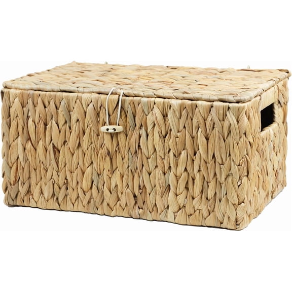 Large Rectangular Wicker Basket with Lid, Water Hyacinth Storage Bin, 14.2" x 9.4" x 7"