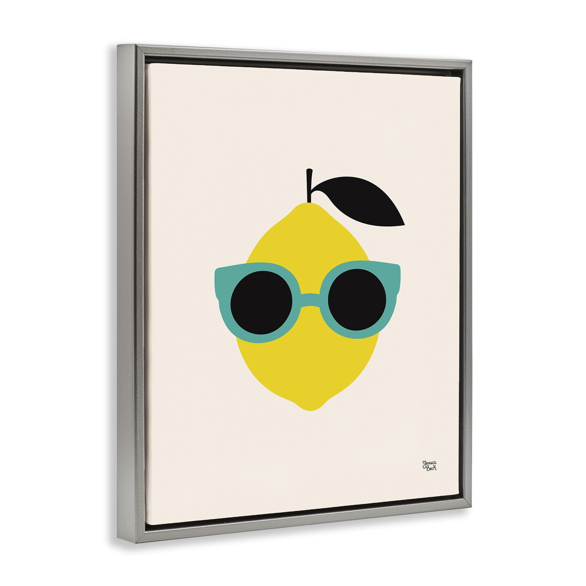 Stupell Industries Lemon with Sunglasses Food & Beverage Painting Gray Floater Framed Canvas Art Print Wall Art, 17 x 21