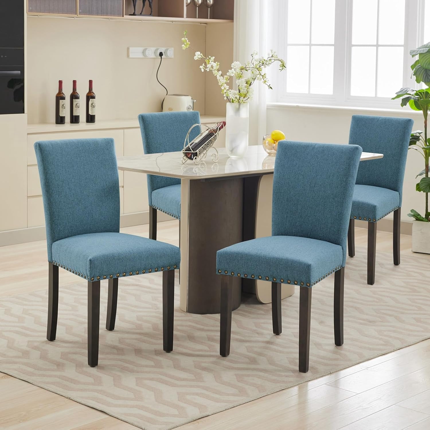 Dining Chairs Set of 2 Upholstered Parsons Diner Room Chair Sets Fabric Kitchen Chairs with Nailhead Trim/Sturdy Wood Legs and Padded Cushion Accent Chair Modern Living Room Chairs, Navy Blue