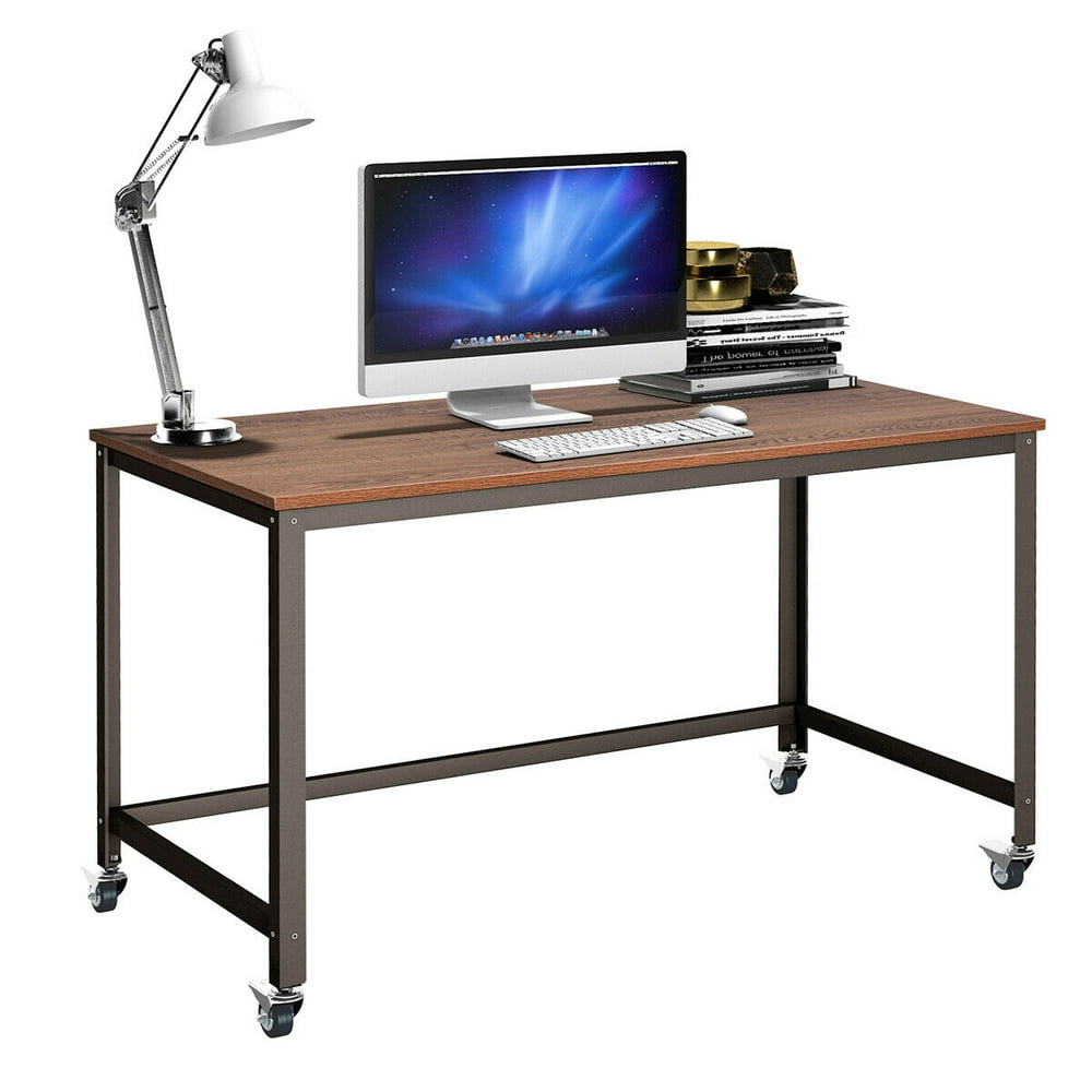 Costway Rolling Computer Desk Metal Frame PC Laptop Table Wood Top