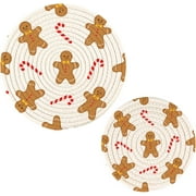 Bestwell Cute Christmas Gingerbread Man Round Cotton Trivets Pot Holders, Hot Pads Pure Cotton Stylish Coasters for Boho, Farmhouse, Kitchen Decor - 2pcs