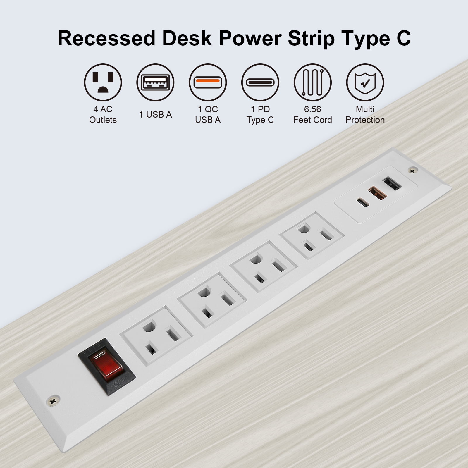 HdcTek Recessed Power Strip with USB C 20W PD Fast Charge Desk Power Outlet 4 Outlets 3 USB Ports 6.56ft Extension Plug