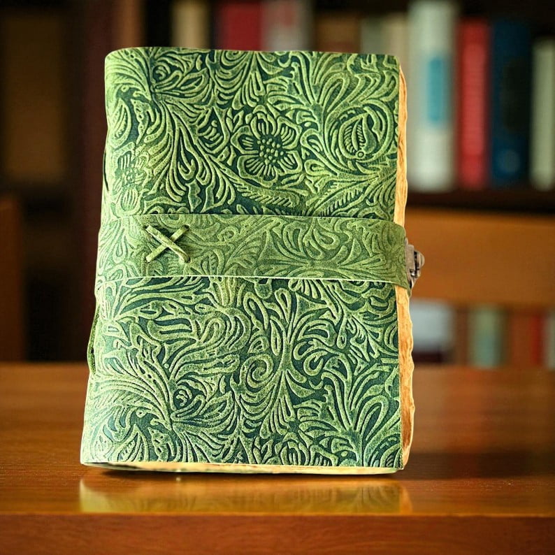 Handmade Green Leather Journal with Floral Embossing – 5x7 Inch Vintage Notebook, 200 Pages of Handmade Paper, Wrap Closure – Writing, Sketching & Gift Diary