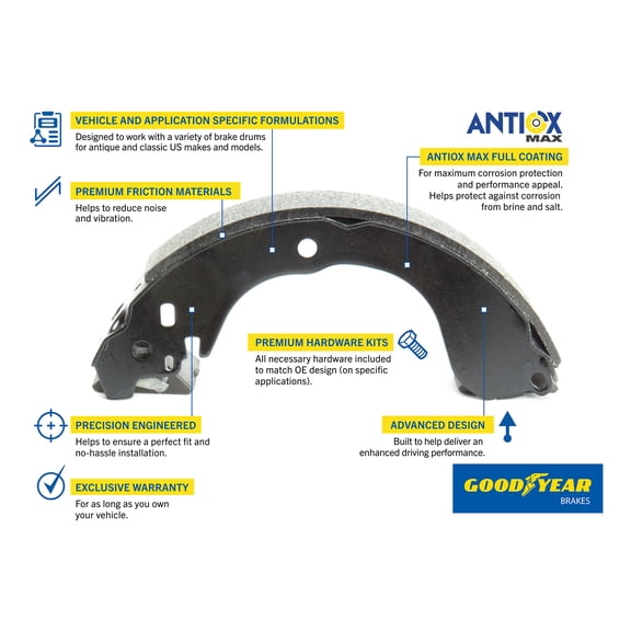 Premium Front Brake Shoes for 73-78 Chevy H70 H80 H90 J70 J80 Goodyear GYS328