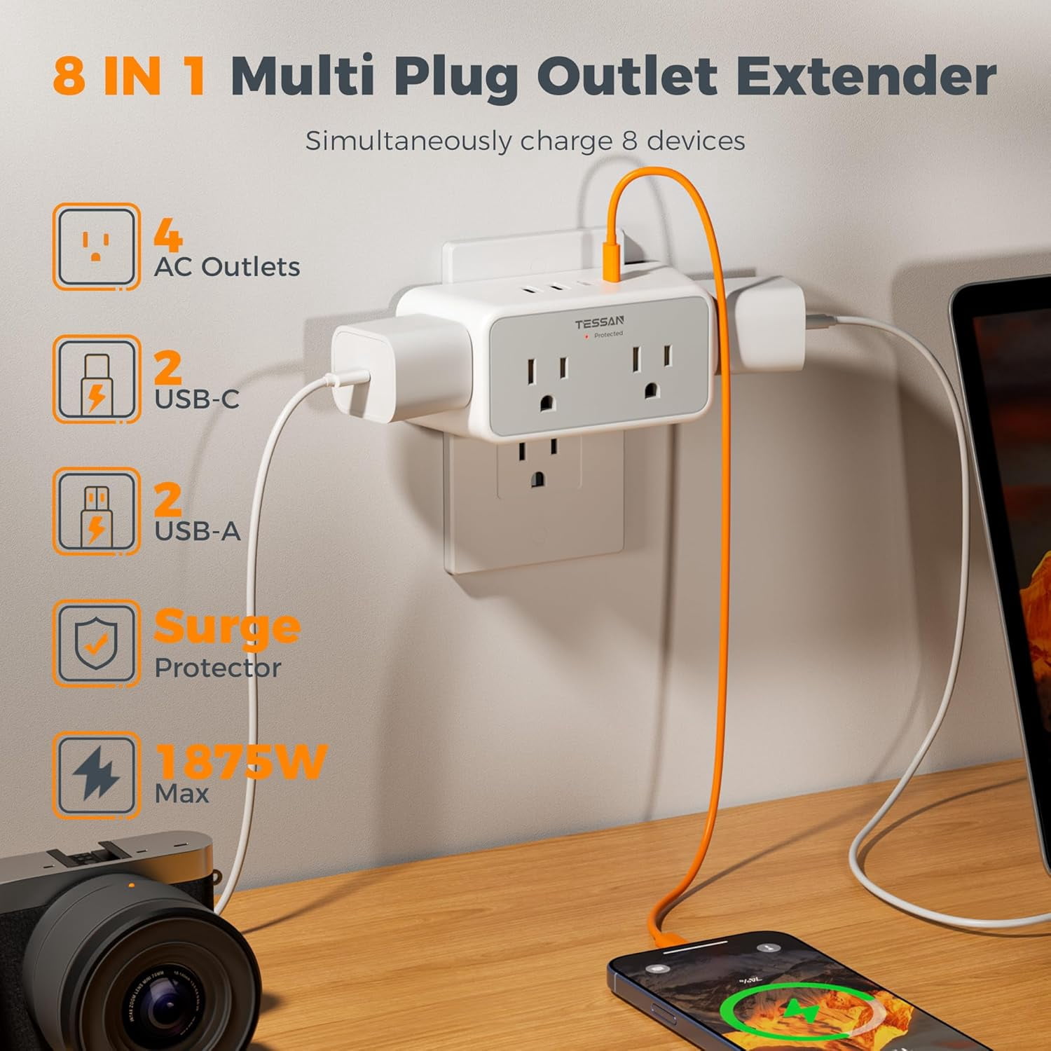 Multi Plug Outlet Extender, Surge Protector 4 Outlet Splitter with 4 USB Ports (2 USB C), 3 Side Multiple Wall Plug Expander for Home Office Kitchen Dorm Room Essentials