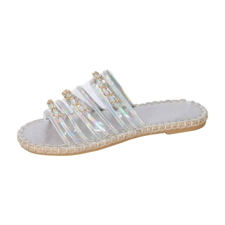

Womens Flat Slide Sandals Summer Fashion Sandals Comfy Style | Metal Chain Slippers Warm-weather Favorite Straw Sandals