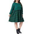 thumbnail image 6 of Agnes Orinda Women's Plus Size Halloween Outfits Cable Knit Plaid Babydoll Dress Crew Neck Puff Long Sleeve Patchwork 2 In 1 Contrast Christmas Casual Dresses with Pocket 1X Green, 6 of 8