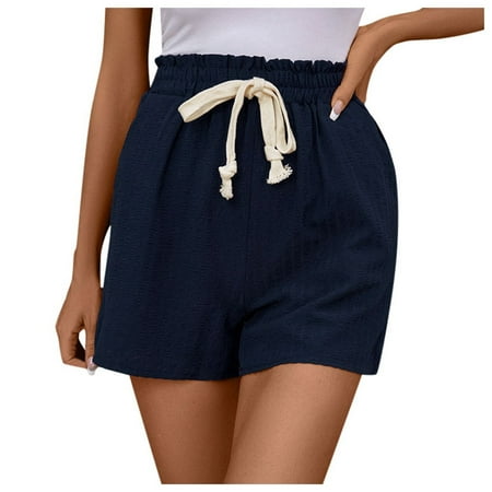 WNVMWI Womens Shorts Yoga Shorts for Women Linen Shorts Women Summer Solid Lace Up Comfort Breathable Casual Elastic Waist Shorts Casual Shorts Hot Pants Workout Bottoms Blue Womens Mid Rise Jean S