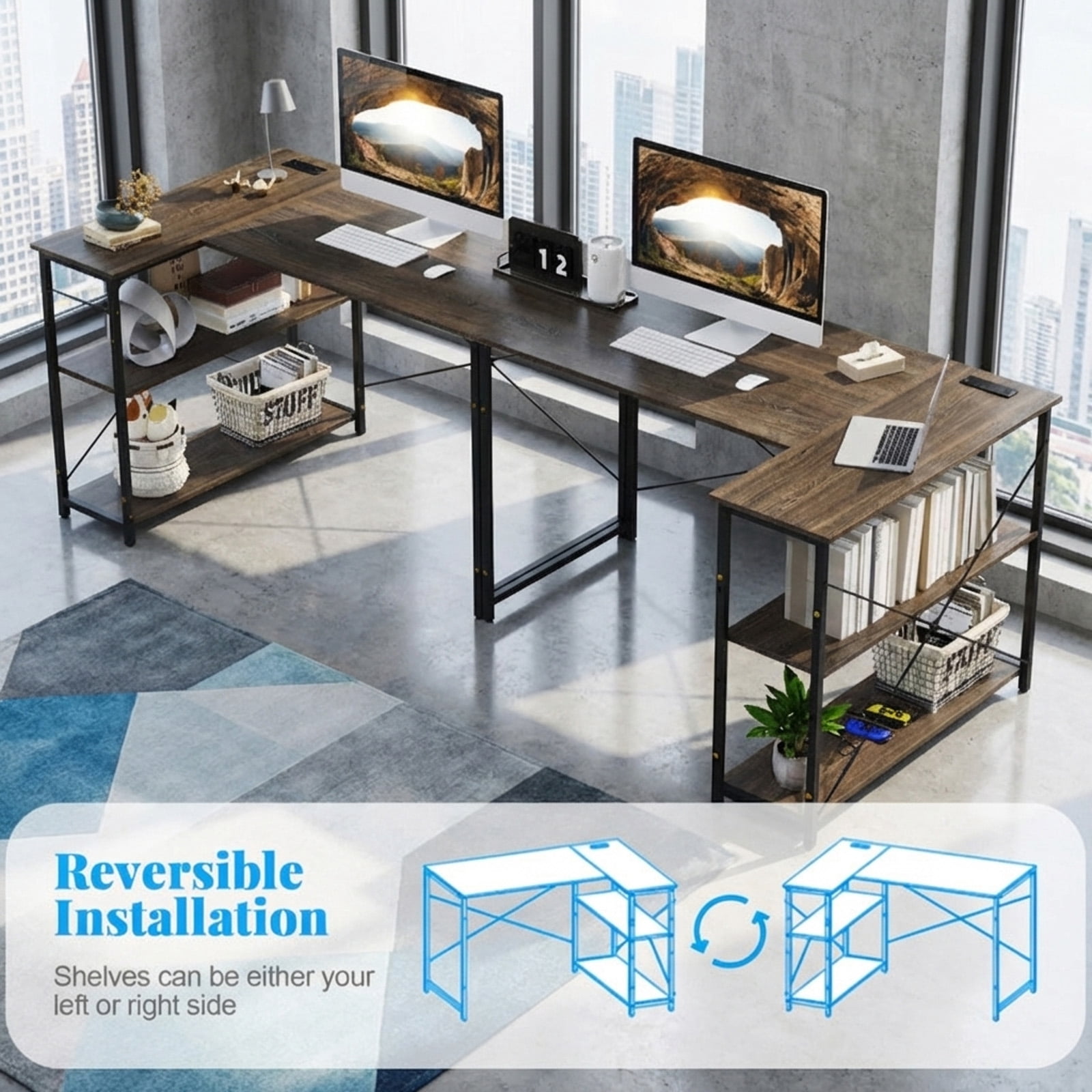 Furnibear 48 Inch Reversible L Shaped Computer Desk with Adjustable Middle Shelf 2 Tier Storage Steel Frame Engineered Wood Gray