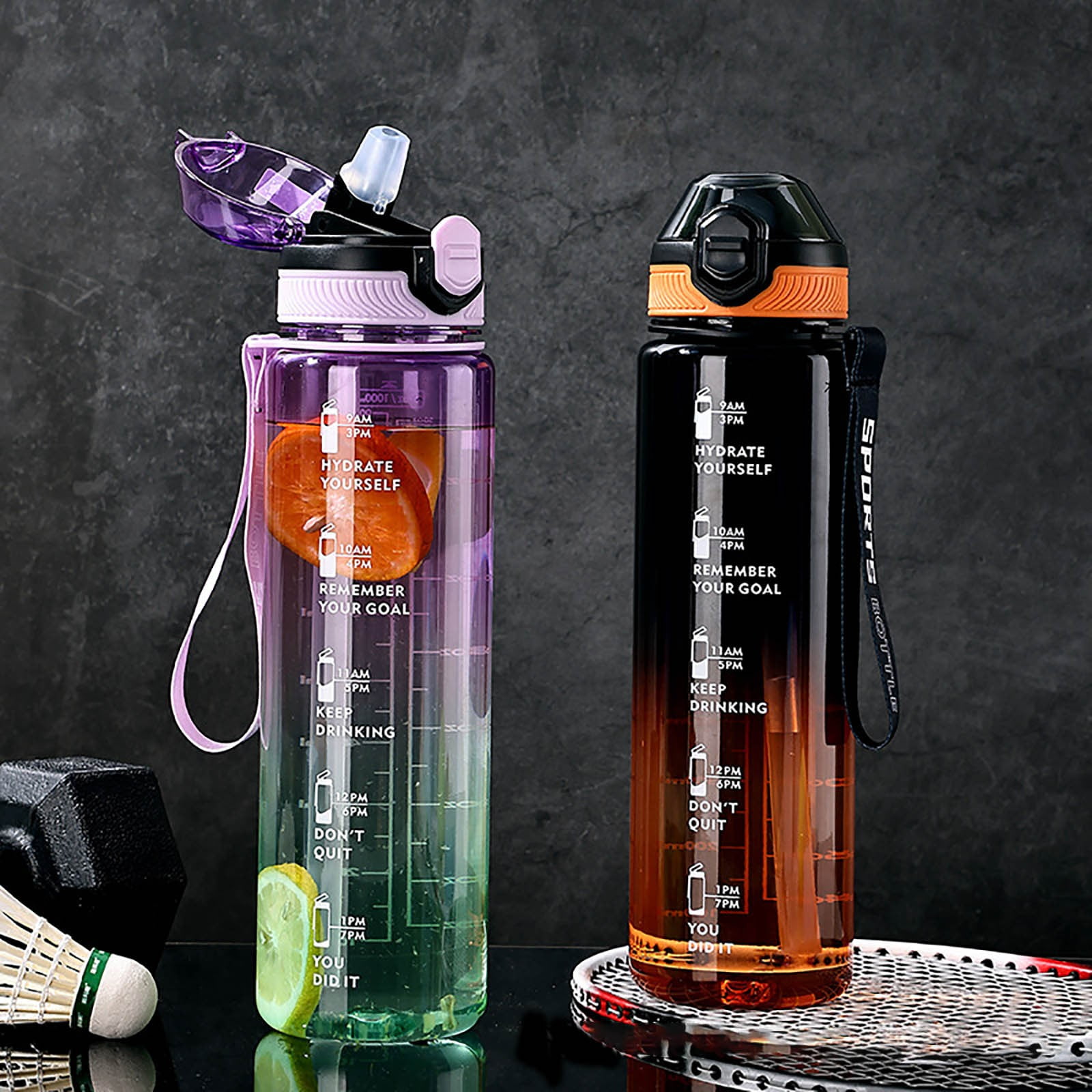 32oz Fitness Sports Water Bottle - Time Marked Hydration Tracker - Leakproof BPA-Free Design with Straw & Strap for Workouts, Travel & Daily Use - Gift for Gym Fitness & Outdoor