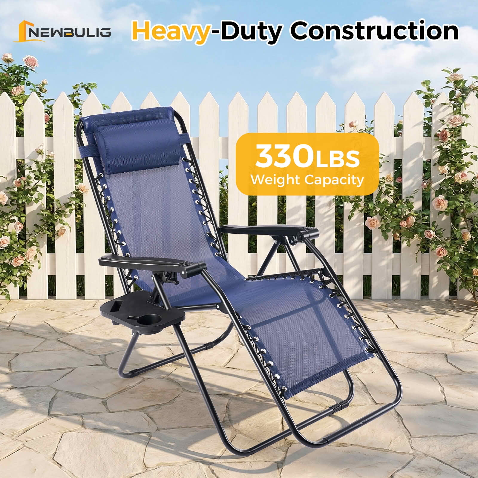 MAYEERTY Set of 2 Zero Gravity Patio Lounge Chairs, Adjustable Alloy Steel Foldable Outdoor Recliners with Pillow Cup Holder Side Tray for Beach Pool Lawn, Holds 300 LBS
