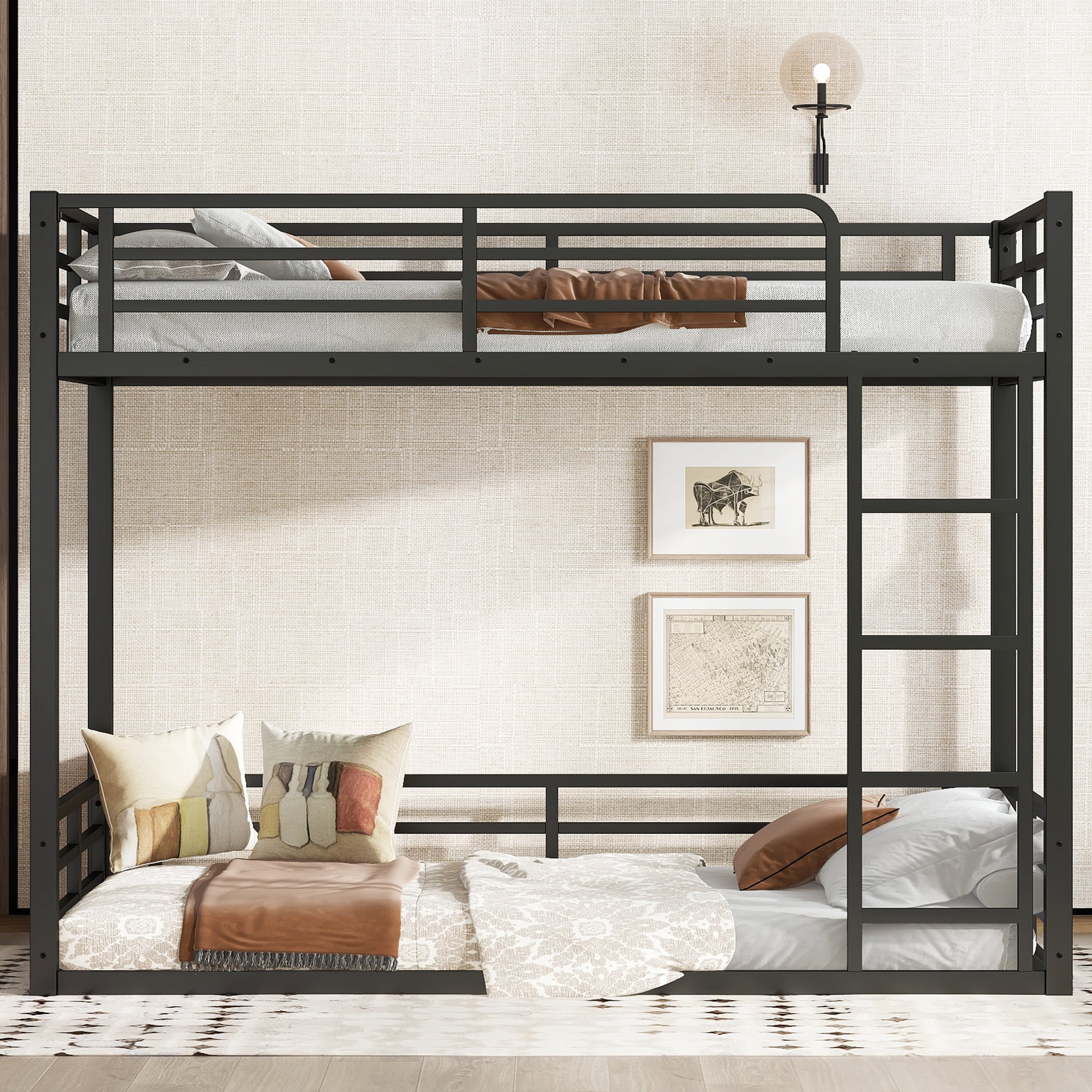 Leumius Metal Bunk Bed,Twin XL over Twin XL Floor Bunk Bed with with Ladder & Guardrails,Heavy-Duty Bunk Bed Frame for Kids,Teens,Adults,Noise-reduced Design, Black