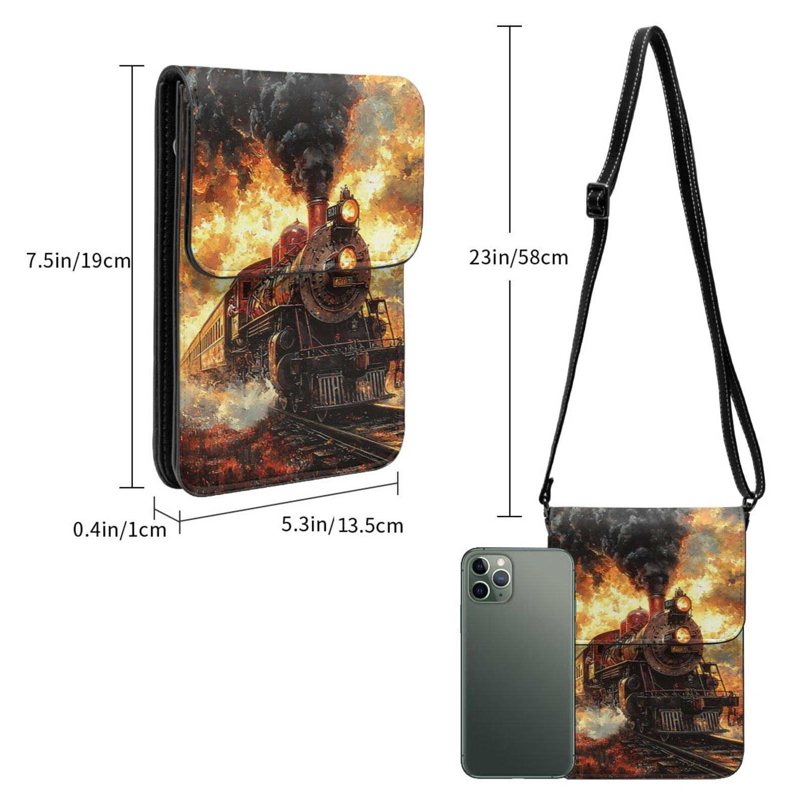 Retro Steam Train Vintage Cell Phone Purse Small Crossbody Bag with Strap Credit Card Slots Leather Shoulder Wallet for Women