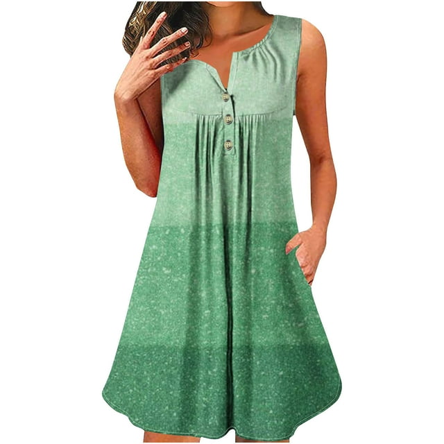 Dvkptbk Robe d'Été Décontractée pour Femme 2024 à Col Rond, Manches Courtes, à Blocs de Couleur, Robe de Plage Boutonnée, Ourlet Évasé, Fluide, Plissée, T-Shirt, Midi, Courte