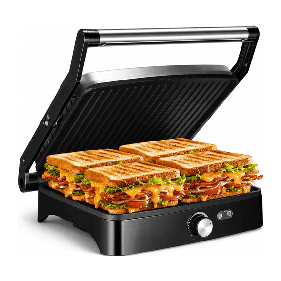 OSTBA Panini Press Grill, 4-Slice Sandwich Maker with Nonstick Plates, 1200W Indoor Grill with Adjustable Temperature, 180° Opening, Drip Tray, Cool-Touch Handle, Stainless Steel