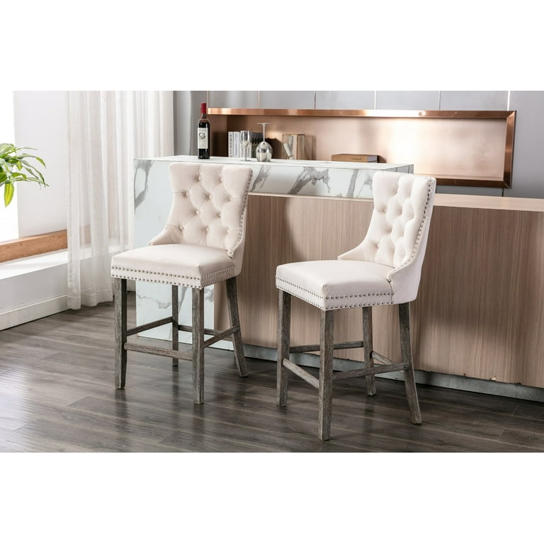 Velvet Upholstered Dining Bar Chairs Counter Height Barstools Wood