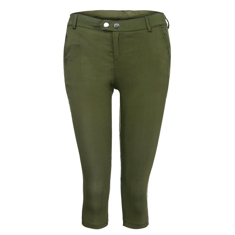 MRULIC pants for women Women Solid Color Pant Trouser Casual Pants Female  High Waist Pant Slim Thin Nine Points Solid Color Trousers Army Green + S 