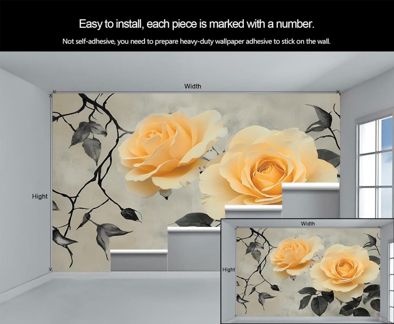 Yellow Rose Wallpaper Mural- Yellow Flower Wall Murals For Living Room Bedroom, Rose Mural 118"W x 83"H (Not Peel and Stick)