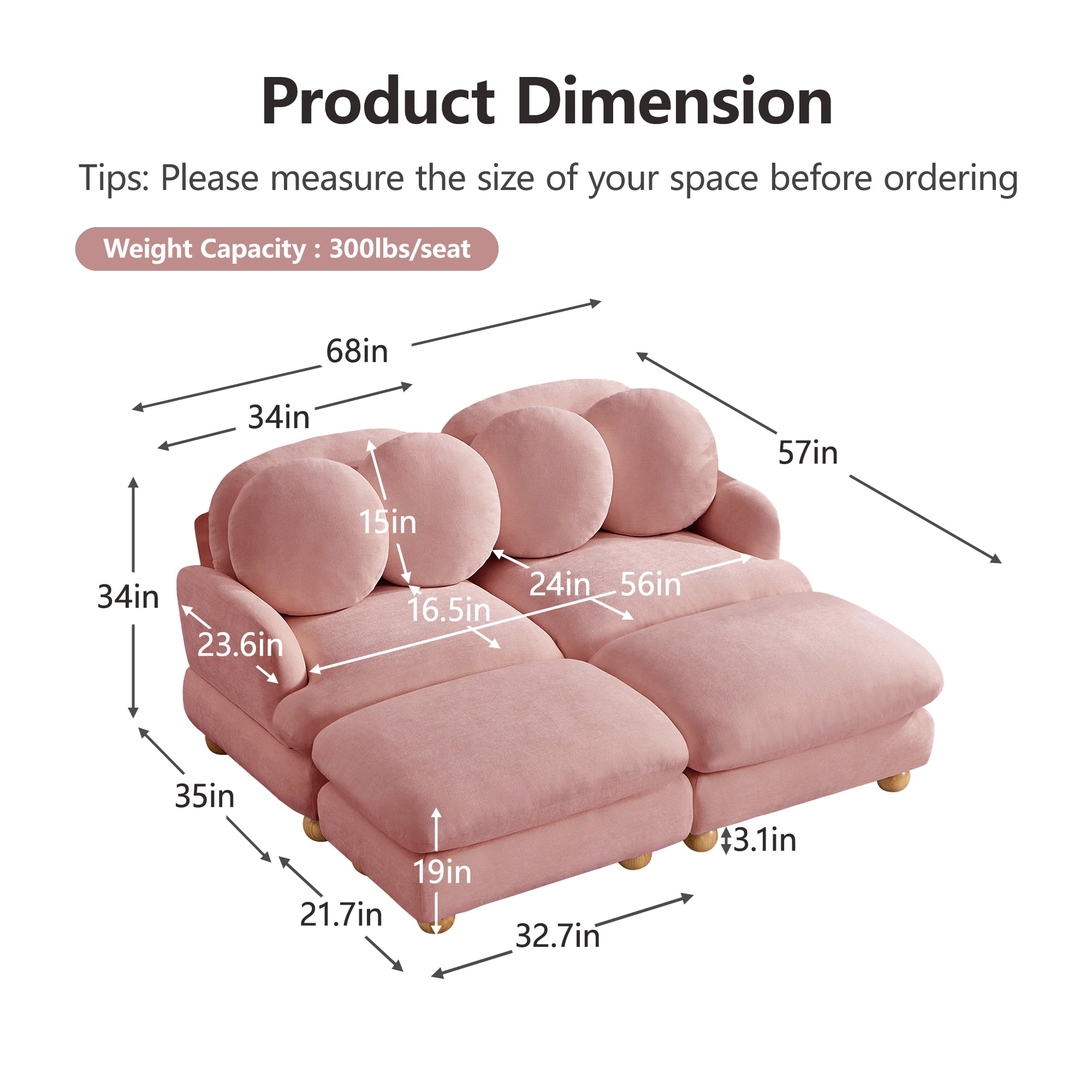 68" 4 Seater Comfy Chenille Modular Sectional Sofa Couch with 4 Throw Pillows and 2 Ottoman