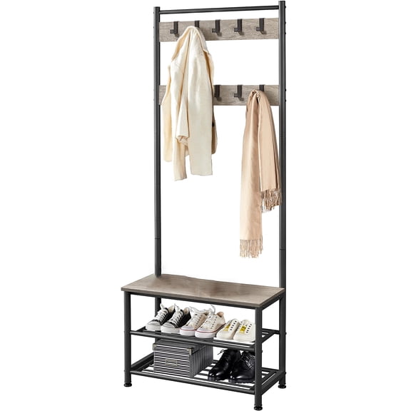 Coat Rack, Hall Tree with Shoe Bench, Entryway Shoe Storage Organizer with 9 Movable Hooks, Inrial Entryway Furniture for Mudroom, Foyer and Hallway, Sturdy Stand for Coats and Bags, Gray
