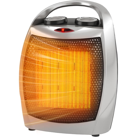 Portable Electric Space Heater with Thermostat, 1500W/750W Safe and Quiet Ceramic Heater Fan, Heat Up for Office Room Desk Indoor Use，Silver