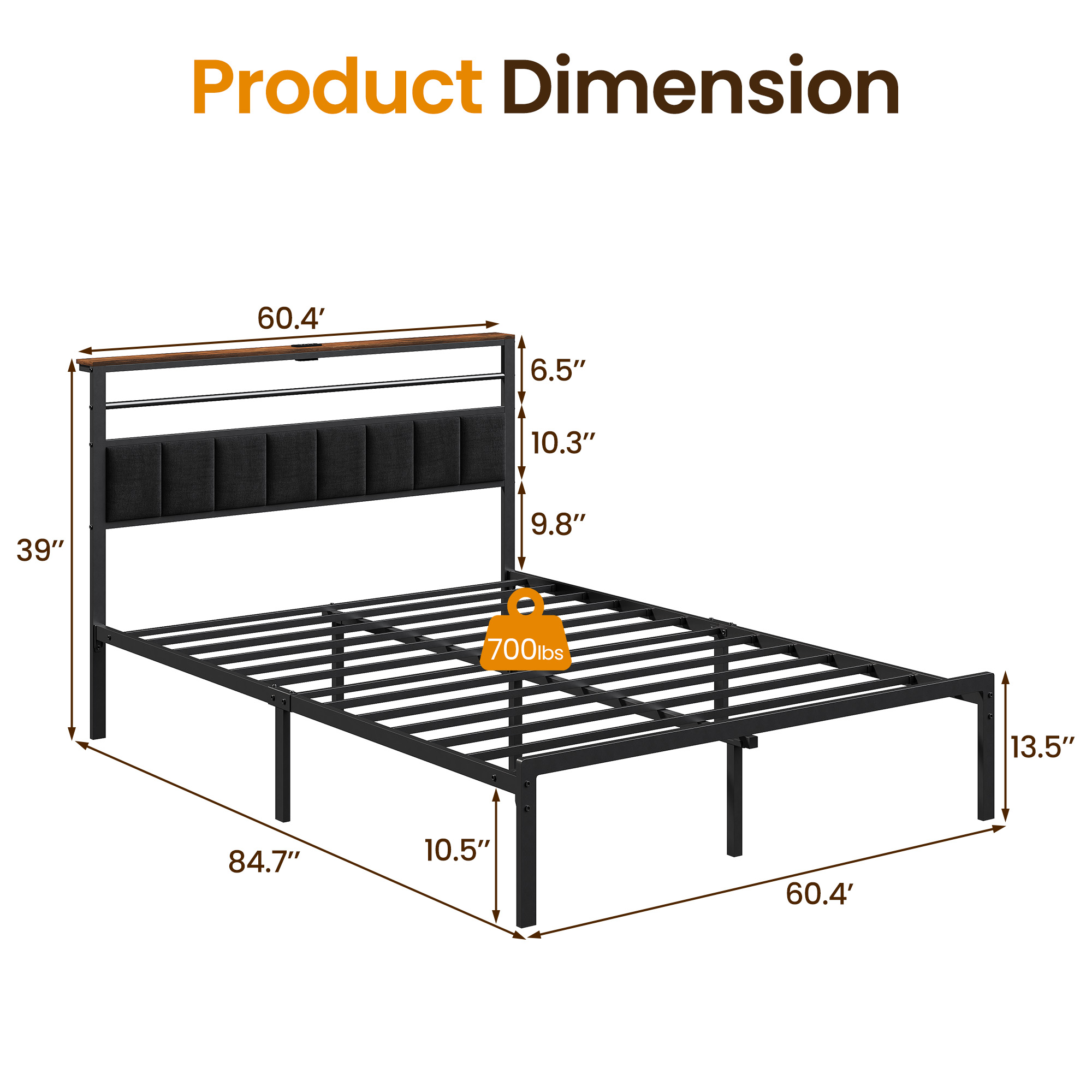 Heynemo Queen Bed Frame with Upholstered Headboard, Metal Platform Bed with USB Charging Station, Easy Assembly, No Box Spring Needed