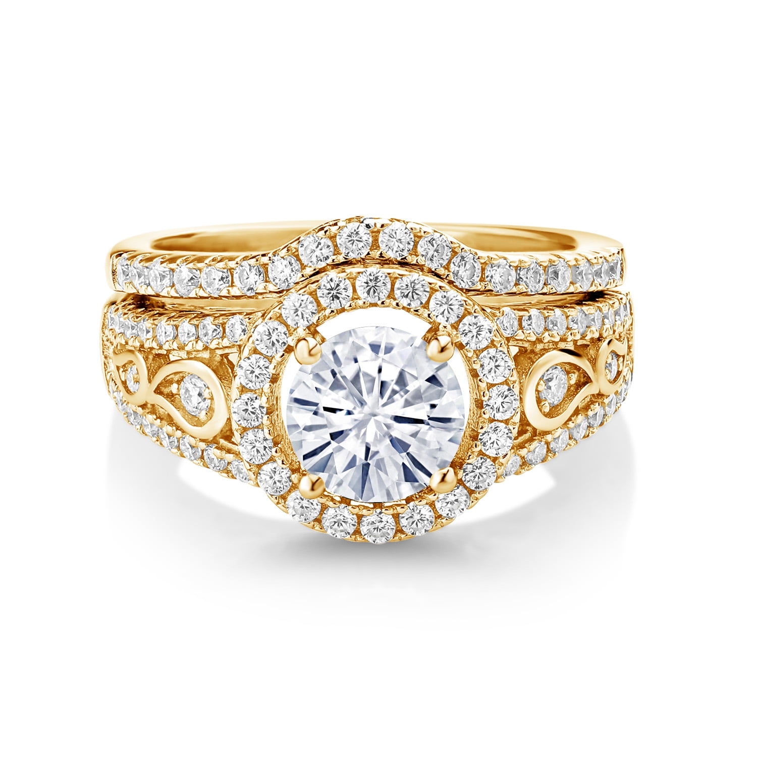 Gem Stone King 18K Yellow Gold Plated Silver Moissanite Wedding Engagement Ring Band Bridal Set for Women | 1.74 Cttw | Center 6.5MM | Wedding Engagement Anniversary Promise Ring for Women | Size 8