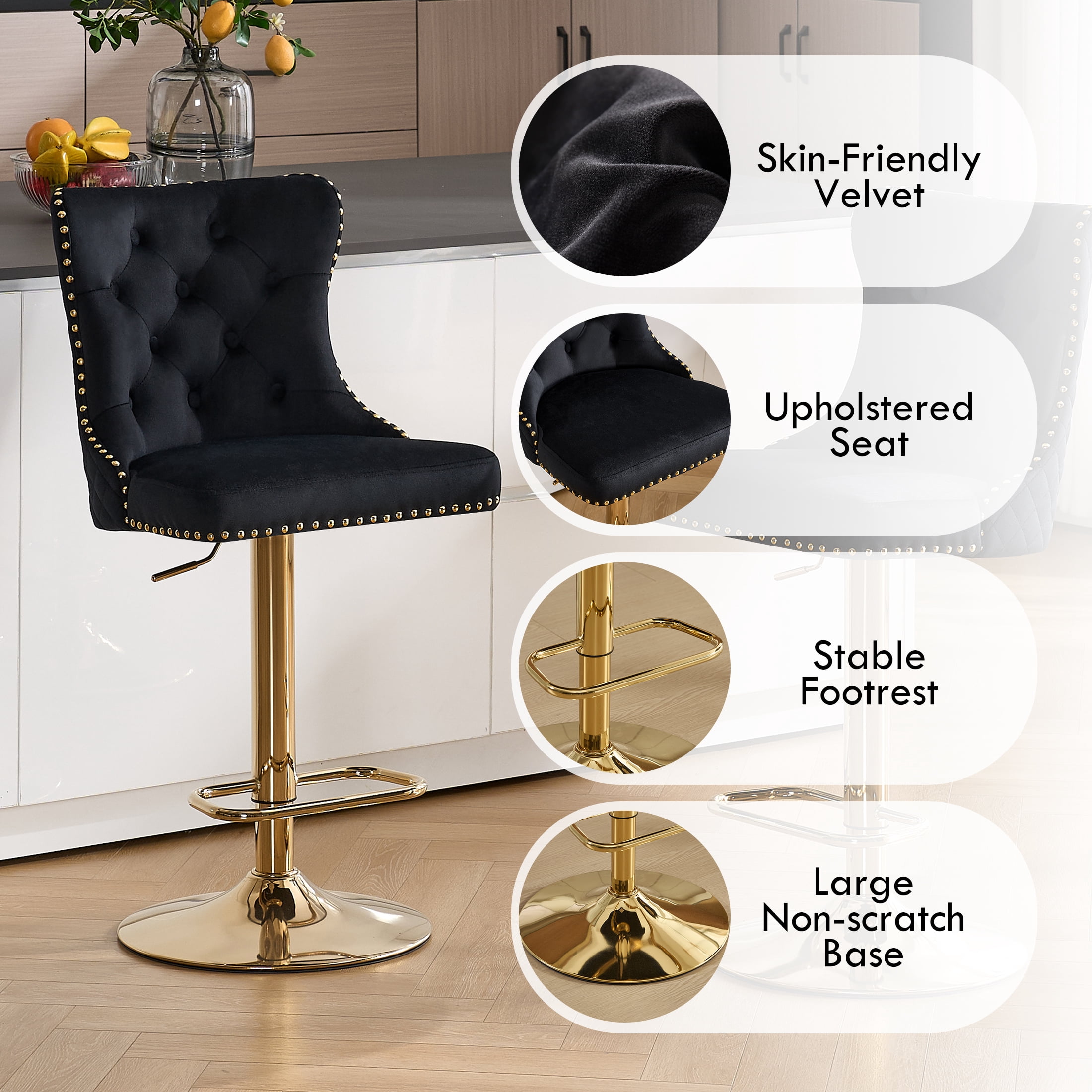 Velvet Gold Bar Stools Set of 2 Modern Counter Height Bar Stools with Lion Pull Ring Tufted Back, Nailhead Upholstered Barstools for Home Kitchen Island, Swivel Adjustable Stool Chair in Black