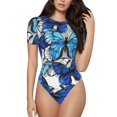 thumbnail image 1 of Fotbe Blue and White Butterflies Body de Mujer con Cuello Redondo y Mangas Cortas, Sin Mangas Ajustado, Suave, Cómodo y Básico-Small, 1 of 7
