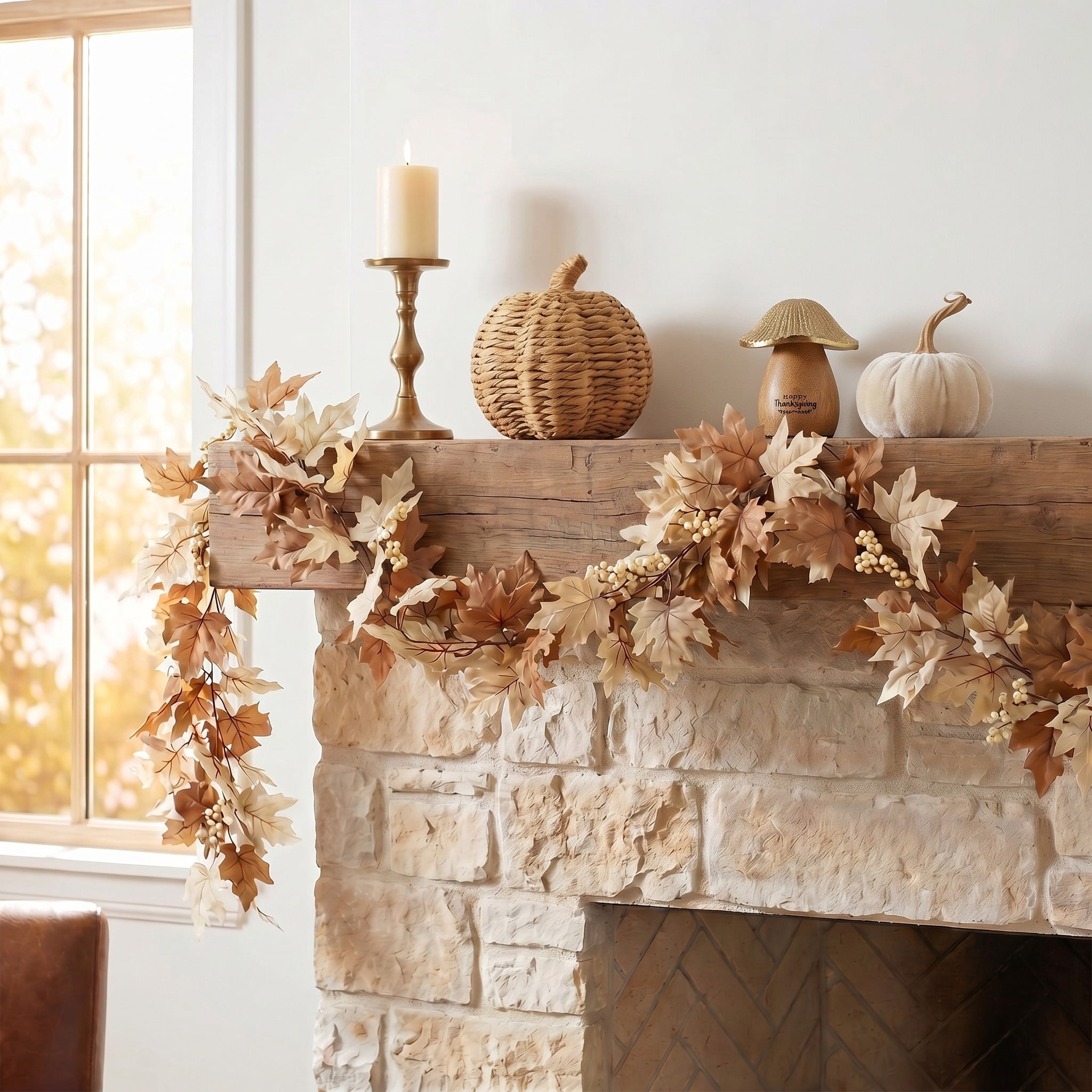 Maple and Oak Leaves Garland, Cream and Brown, 6', Fall by Way To Celebrate