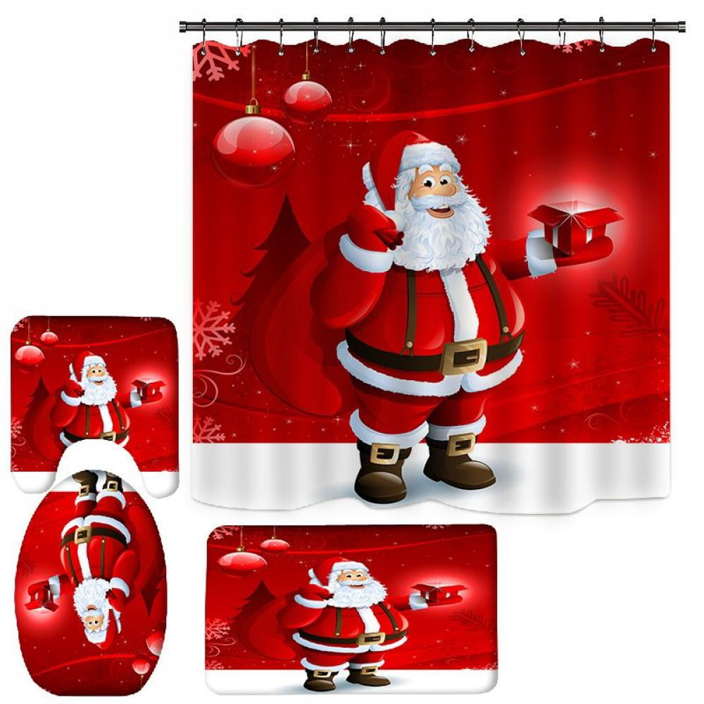 Elf Dwarf Santa Claus Lantern Merry Christmas Shower Curtain Hooks Bathroom Mat 