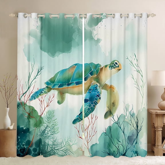 Homewish Turquoise Sea Turtle Black Out Curtains, Watercolor Ink Coral Curtains Pack of 2 (42x63 Each), Teens Kids Boys Girls Bedroom Curtains, Curtains and Drapes Home Decor