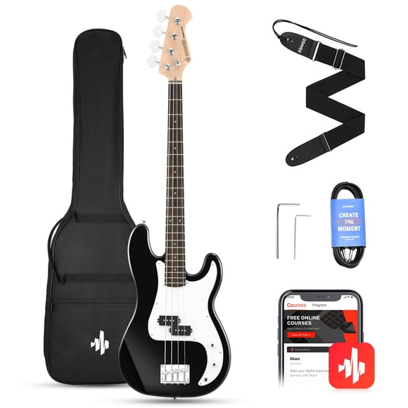 Donner Bajo eléctrico de 4 cuerdas, bajo estándar de tamaño completo, kit para principiantes estilo PB, negro para principiantes, con bolsa para lecciones en línea gratuita, correa de guitarra y cable