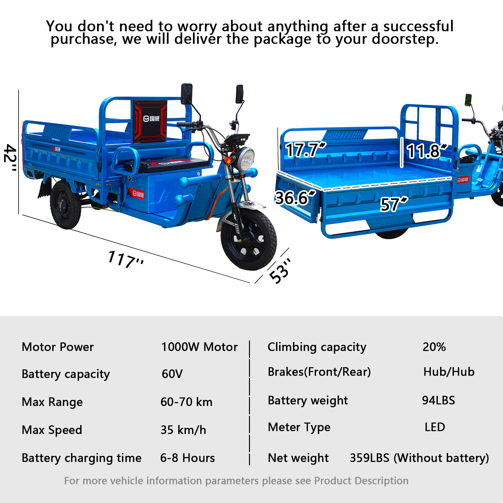 Electric Cargo Tricycle Truck Simple Tricycle,60-70Km 1000W,Load Capacity 1100Lbs