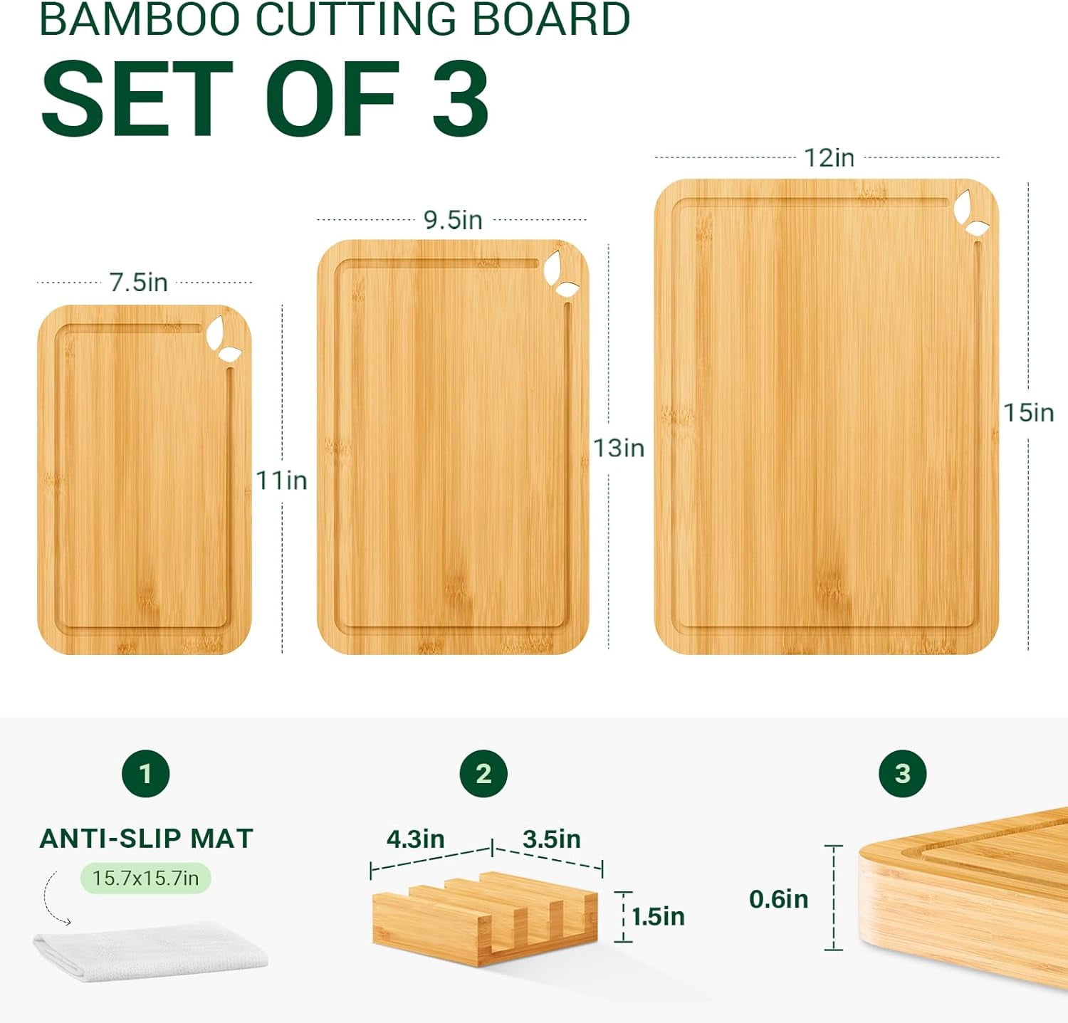 Bamboo for Kitchen with Holder & Silicone Mat, Lightweight & Knife-Friendly Wood Cutting Board Set with Side Handles and Juice Grooves, Natural