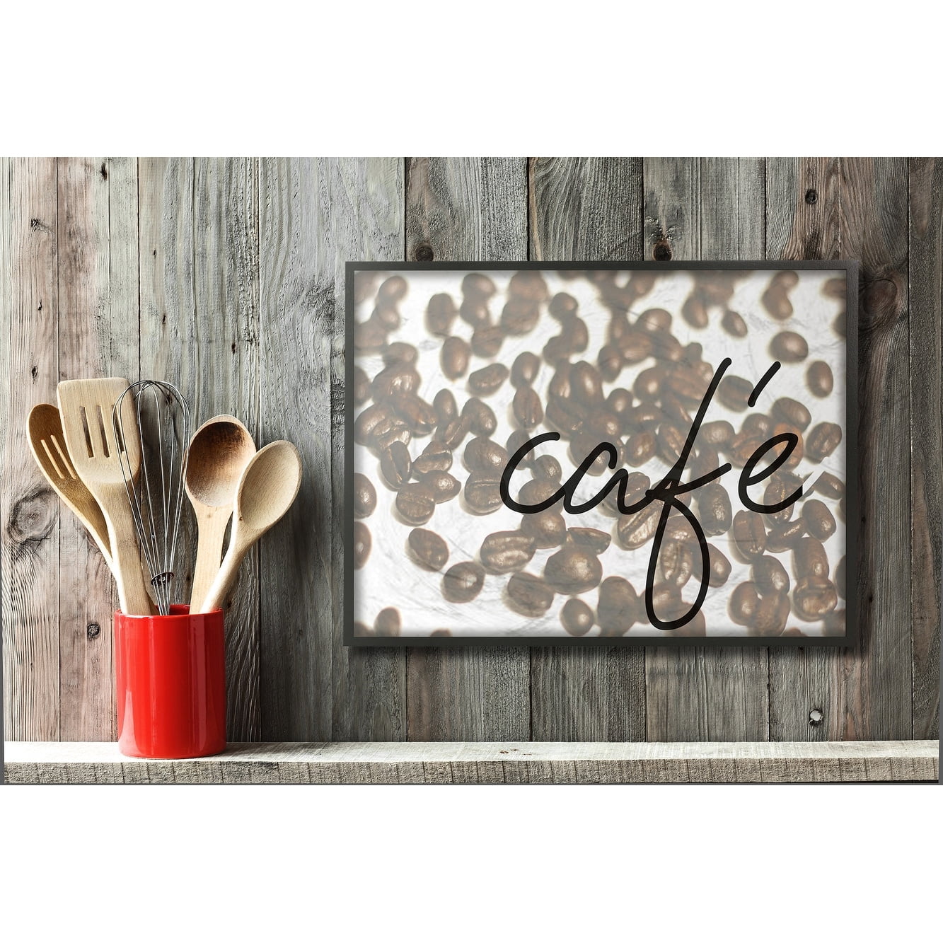 Stupell Industries Café Coffee Beans in Cursive Novelty Painting Black Framed Art Print Wall Art, 16 x 20