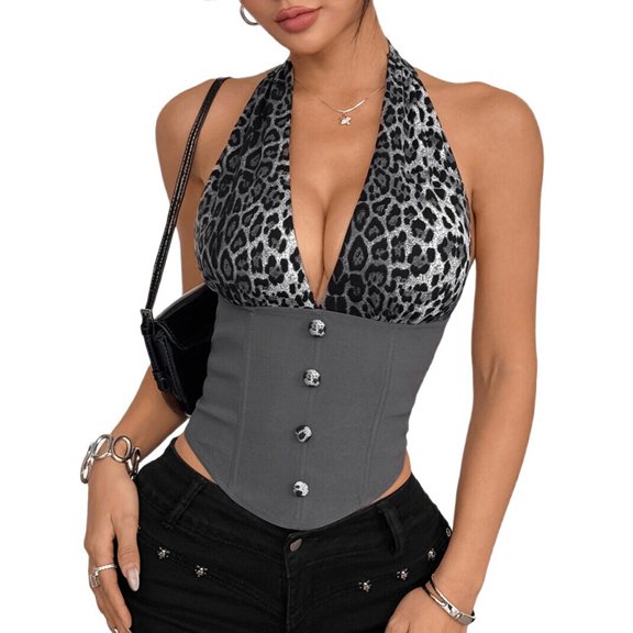 Women'S Leopard Print Contrast Halter Crop Top, Deep V Neck, Button Closure, Sleeveless, Open Back Tank Top Grey M