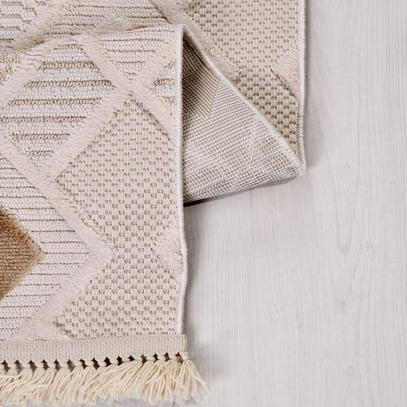 Beige Modern Polyester Area Rugs for Living Room Jacquard Textured Modern Rugs Soft Geometric Rug for Bedroom Mid Century Washable Rug Non-Slip Bohemian Perfect for Dining Room Office