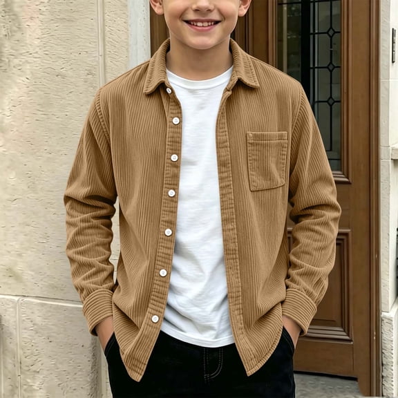LOINRODI Boys Button Down Shirt Jacket, Long Sleeve Turn‑down Collar Chest Pocket Relaxed Fit Solid Corduroy Overshirt Fall Winter Layering Top Brown Size 6-7