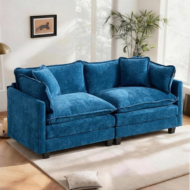 SoarFlash Canapé Sectionnel en Chenille de 77,95 Pouces, Causeuse Modulaire Confortable, Ensemble de Canapé Moderne 2 Places à Assise Profonde pour Salon, Bleu