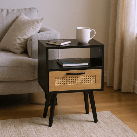 Homy Casa Modern End Table with Storage Drawer for Living Room Sofa Side Black and Natural