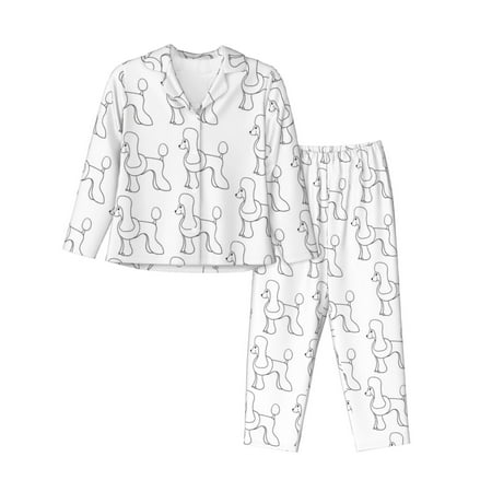 2 Piece Womens Pajama Sets - Black Lines Cute Poodle Dog Soft Sleepwear Comfy Pajamas Ladies Pj Lounge Sets with Pockets  Long Sleeve Button Shirt and Pajama Pants Pjs Sets for Women