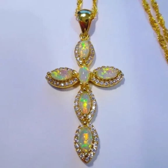 14K Yellow Gold Plated 3 Ct Marquise Lab Created Fire Opal Pendant Cross Pendant Sterling Silver