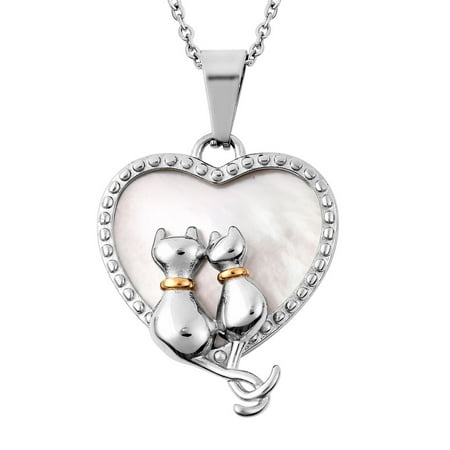 Dualtone Stainless Steel Pear Heart White Mother of Pearl Pendant Necklace Jewelry for Women Size 19.5