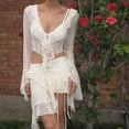 thumbnail image 3 of Cárdigan Top corto de mujer + Faldas irregulares Y2K Conjunto de falda de verano de cárdigan de encaje (Beige M) Kuymtek Beige T M para Mujer, 3 of 6