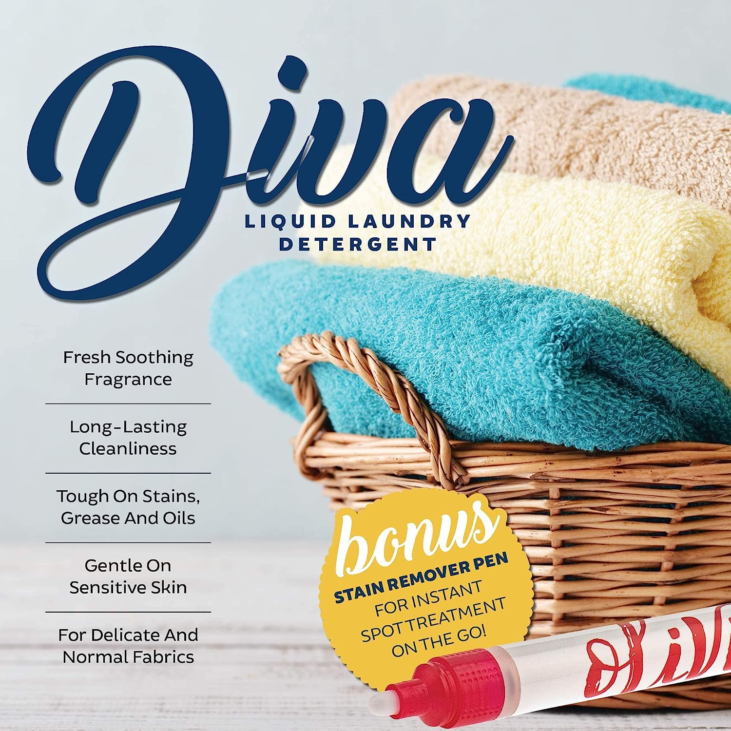 Tyler Candle Diva Glamorous Wash Liquid Laundry Detergent, 24 Loads, 64 fl oz, with Olivi Stain Remover Pen & Fresh Scented Sachet